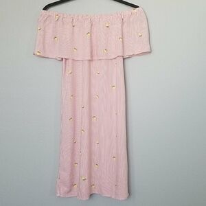 Potter's Pot Tomato Soft Girl striped lemon print off the shoulder dress Medium